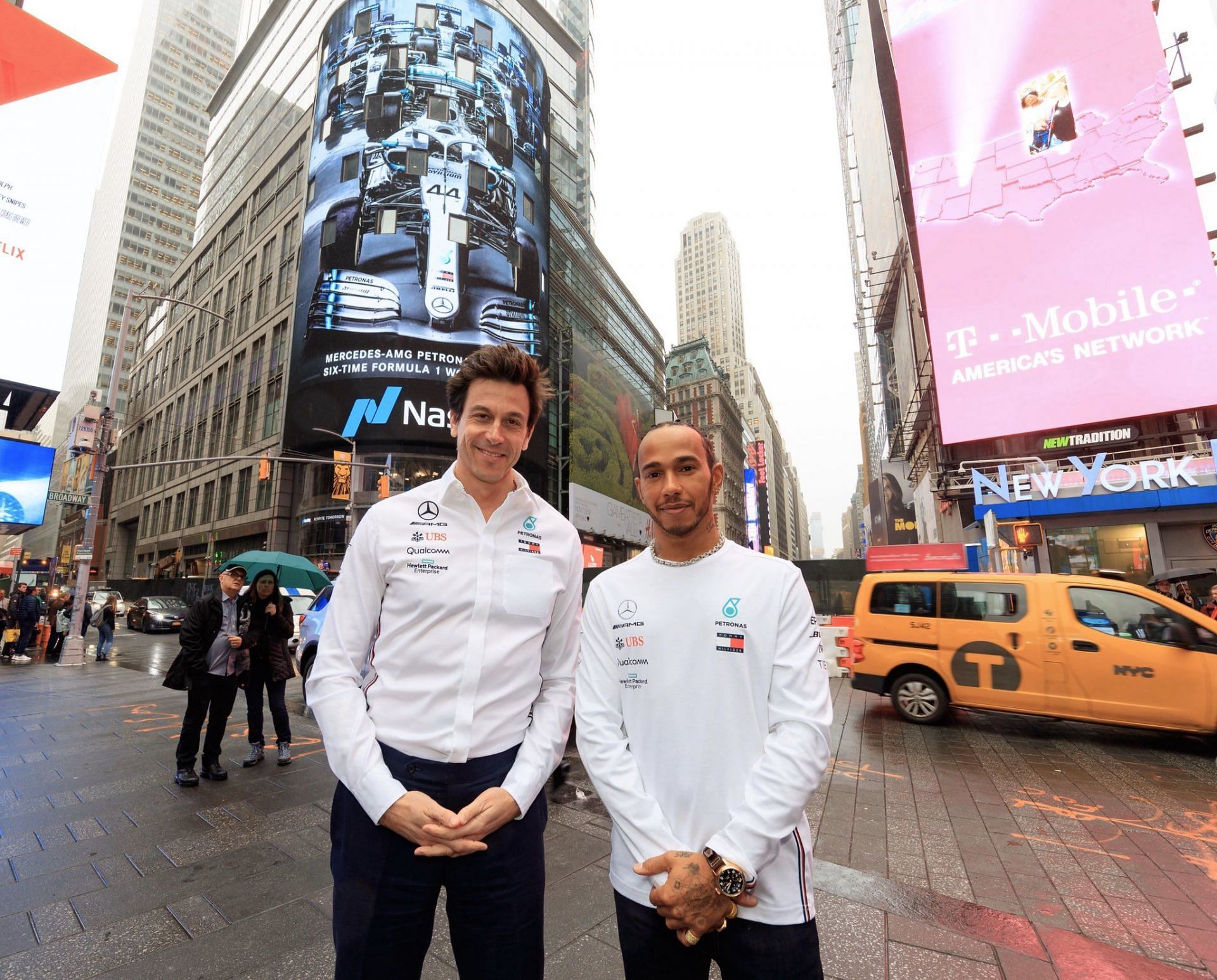 Lewis Hamilton and Toto Wolff at the Mercedes Benz Motorsport CEO Forum in New York City. Source: Twitter/@MercedesAMGF1