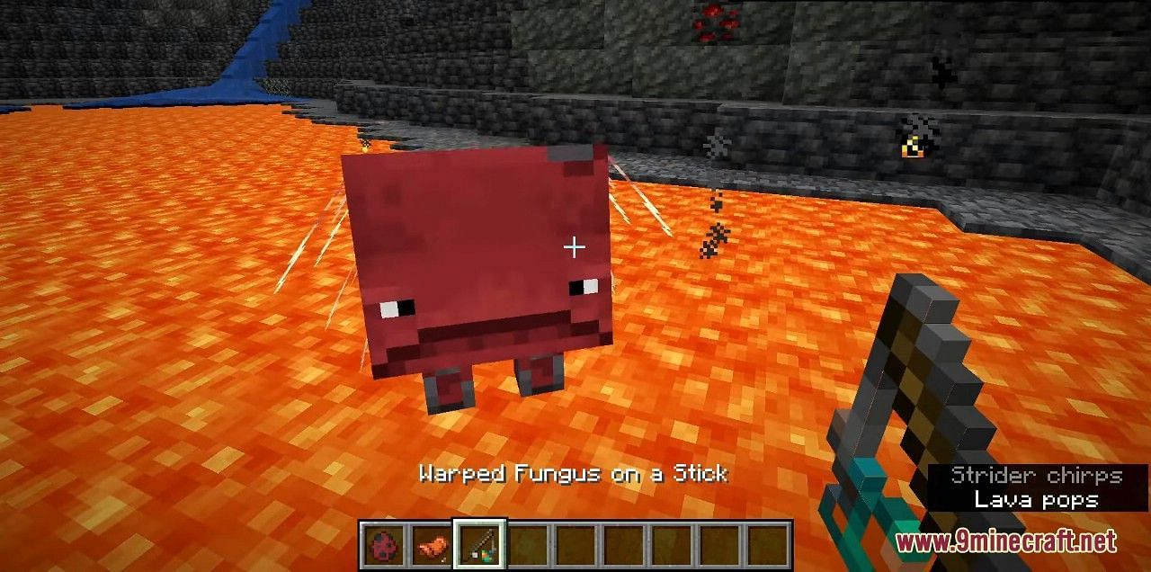 Riding a strider in the Overworld (Image via Minecraft)