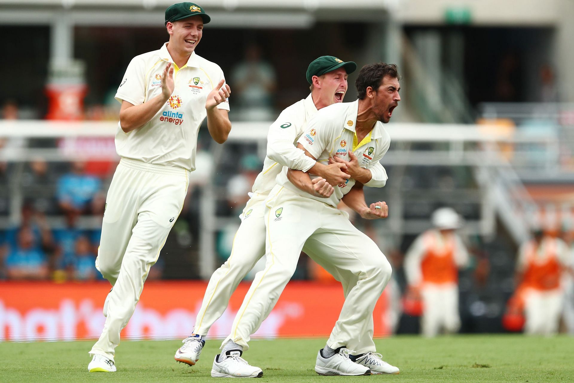 Mitchell Starc is ecstatic after dismissing Rory Burns. Pic: Getty Images
