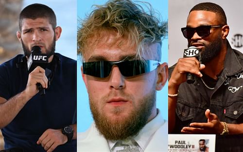 Khabib Nurmagomedov (left); Jake Paul (center); Tyron Woodley (right)