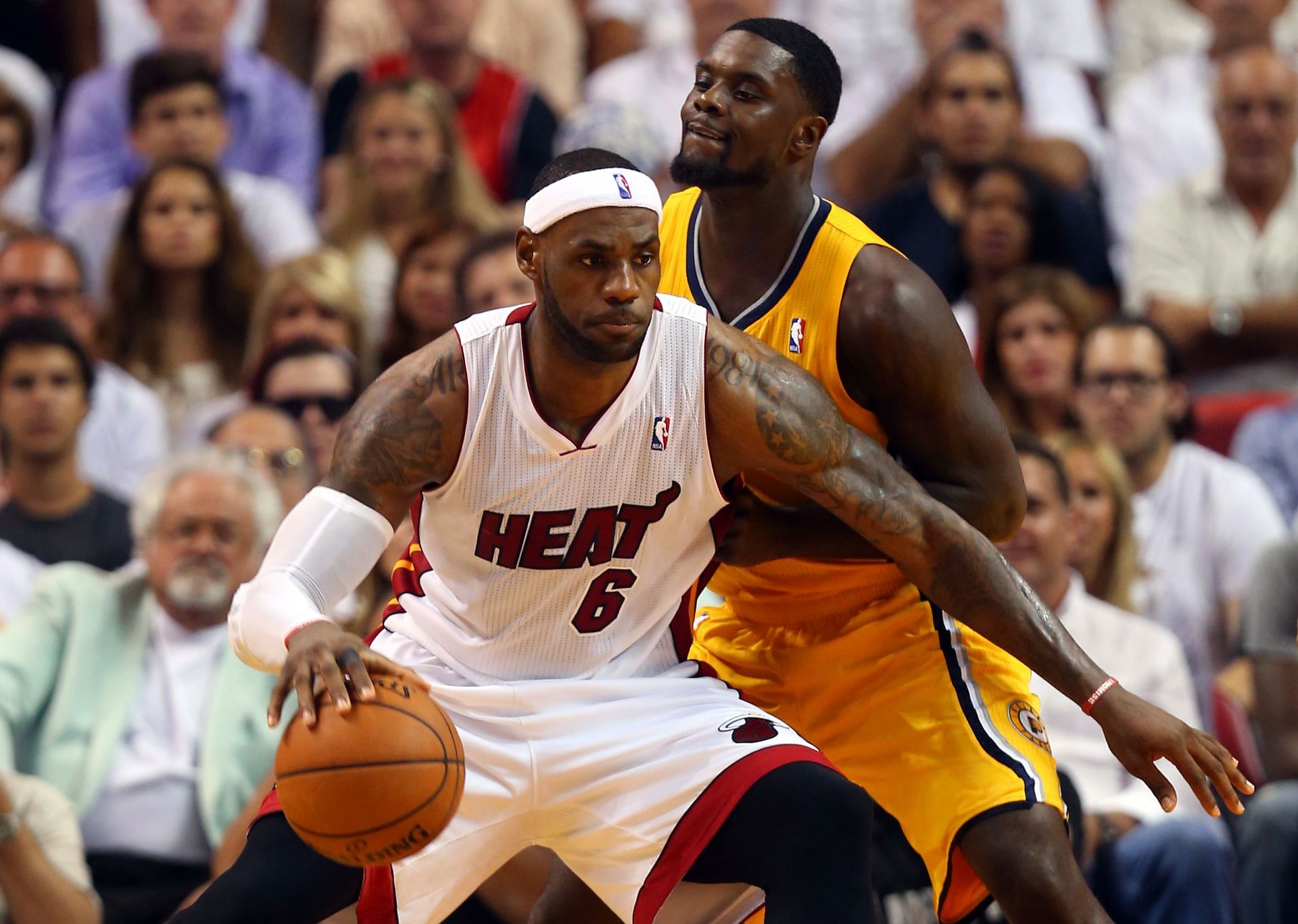 LeBron James #6 of the Miami Heat and Lance Stephenson #1 of the Indiana Pacers