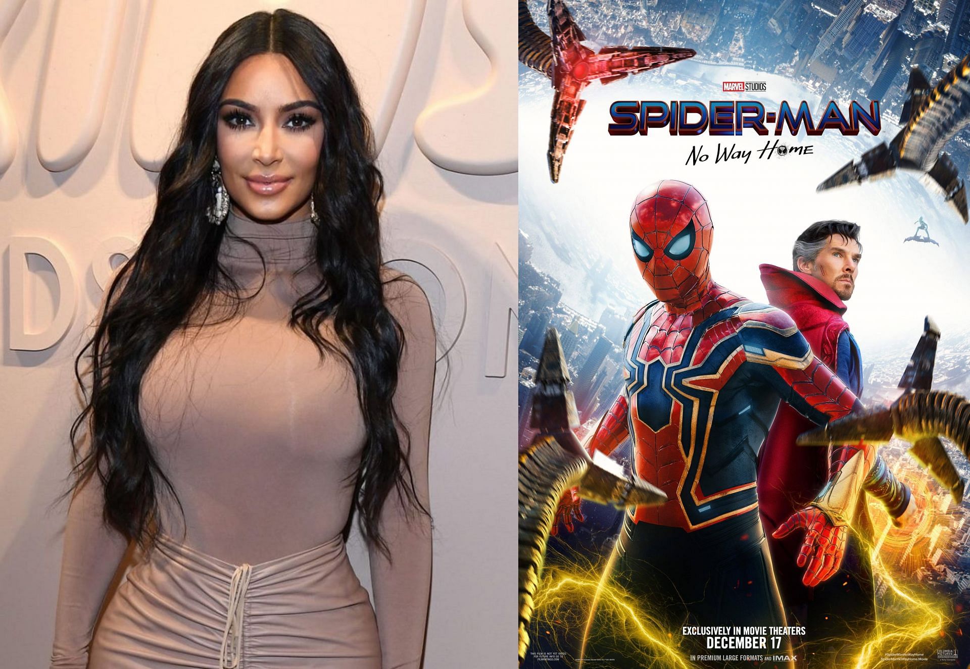 Kim Kardashian spoils No Way Home in Instagram story (Image via Kevin Mazur/ Getty Images, and Sony Pictures Entertainment/ Marvel Studios)