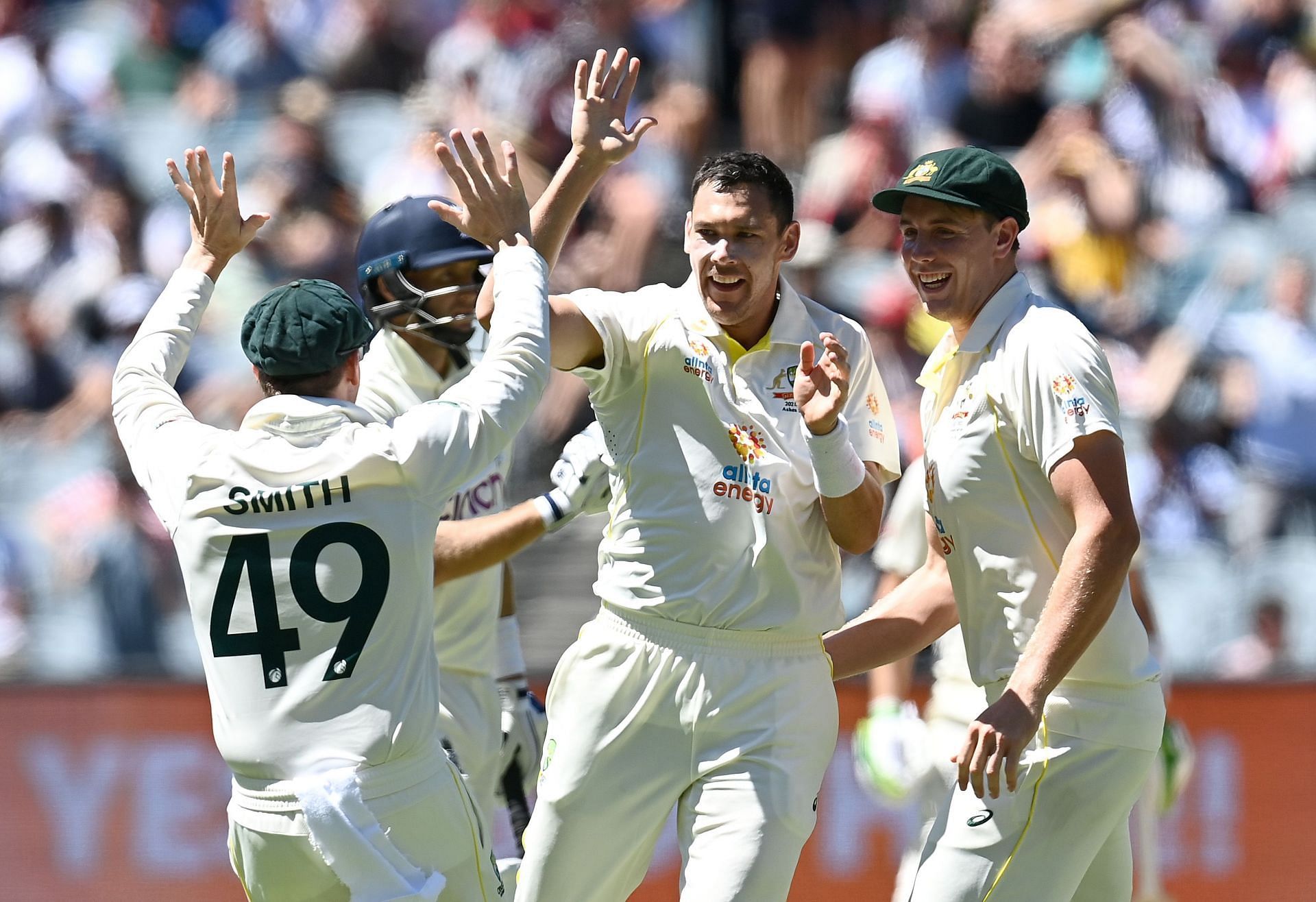 Scott Boland celebrates with teammates after dismissing Jonny Bairstow. Pic: Getty Images