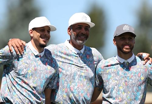 NBA athletes Seth Curry, left, Dell Curry, center and Steph Curry pose for a picture during round one of the American Century Championship at Edgewood Tahoe South golf course on July 9, 2020 in South Lake Tahoe, Nevada.