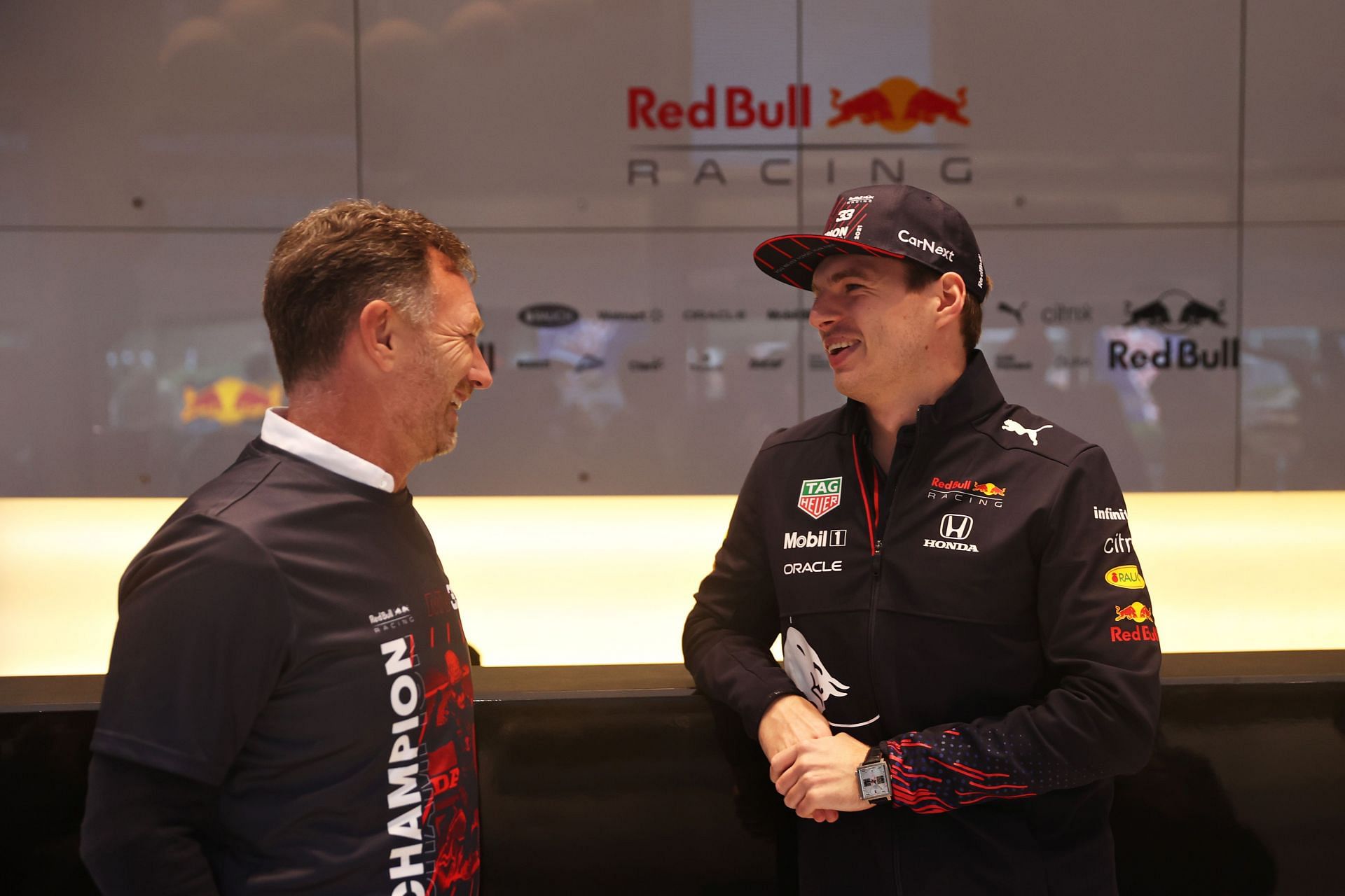 2021 F1 Drivers&#039; World Champion Max Verstappen talks with Red Bull Racing Team Principal Christian Horner at Red Bull Racing Factory in Milton Keynes, England. (Photo by Alex Pantling/Getty Images)