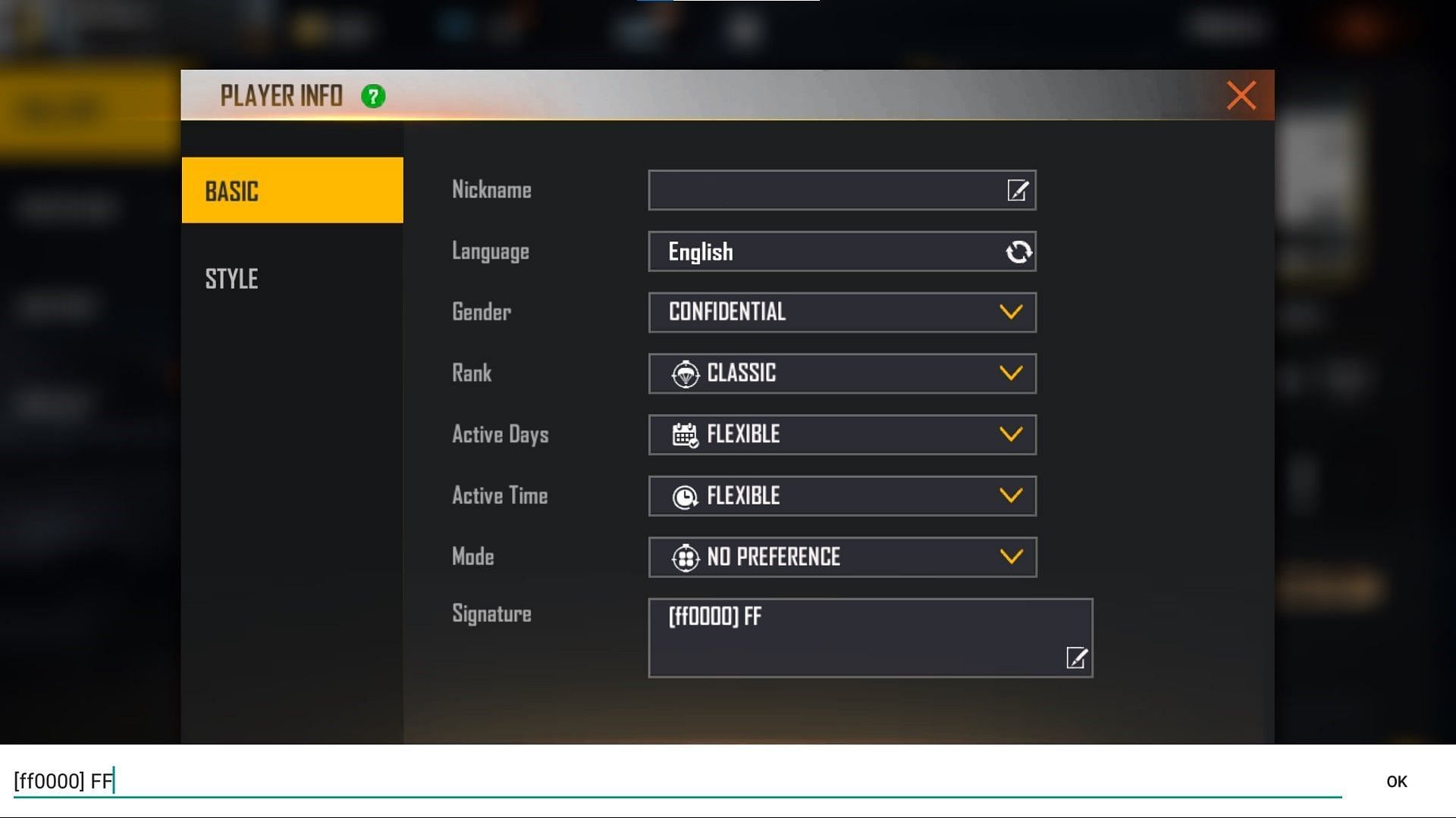 Press okay button to change the signature (Image via Free Fire)