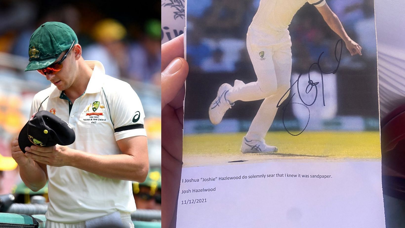Representative photo of Josh Hazlewood (L) and the picture that he signed on Saturday (R).