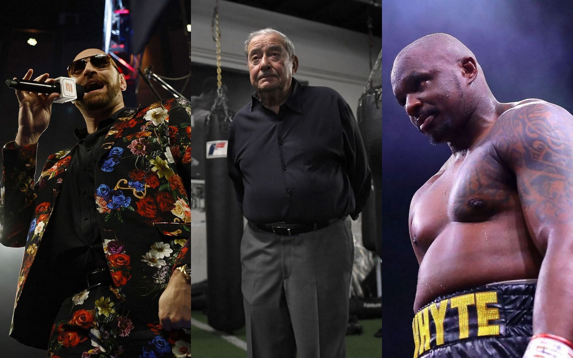 Tyson Fury (left), Bob Arum (center) &amp; Dillian Whyte (right)