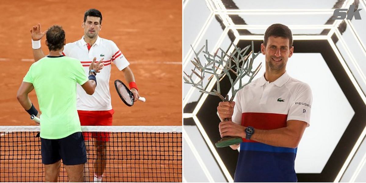 Novak Djokovic with Rafael Nadal and while receiving the Rolex Paris Masters title