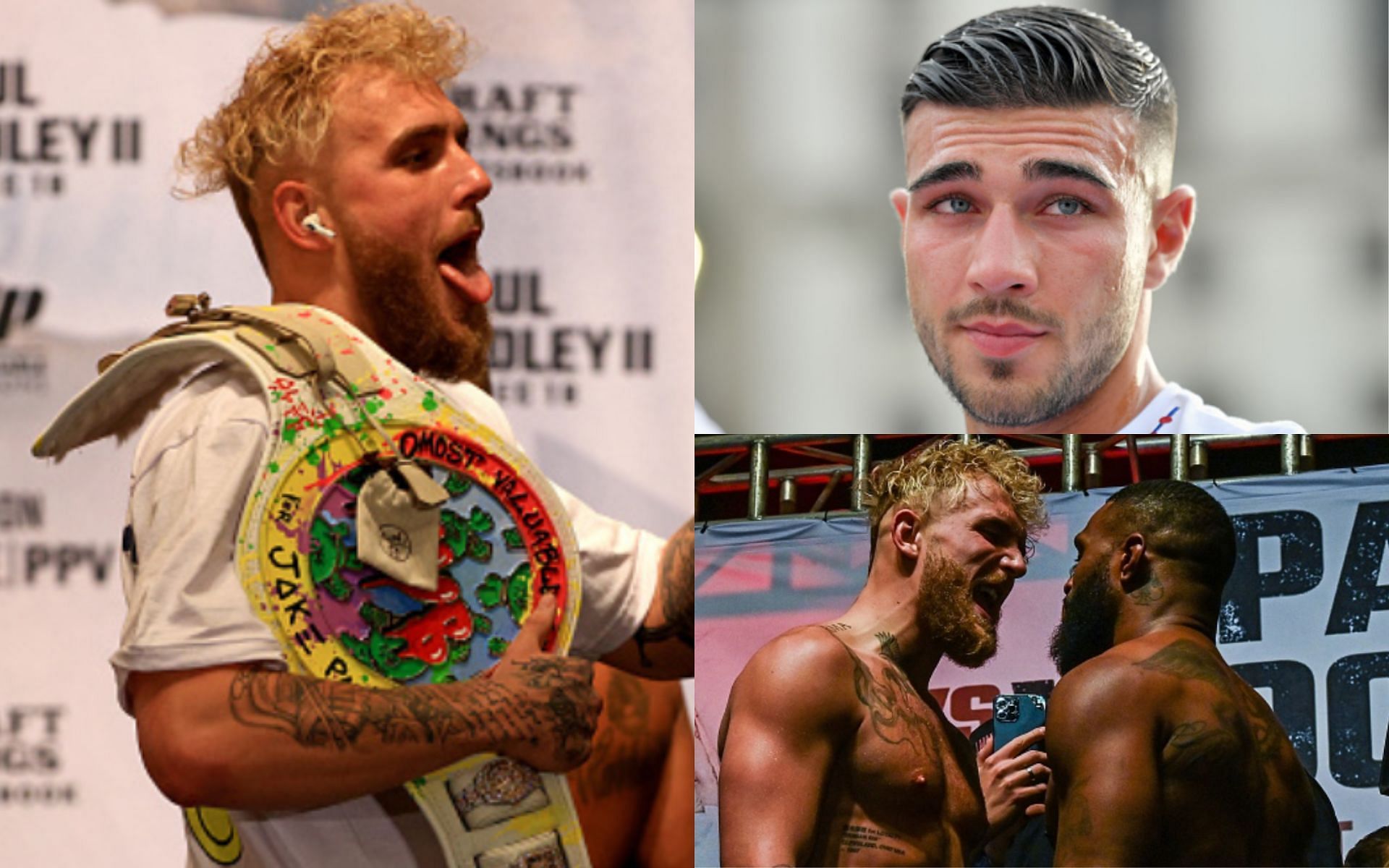 Jake Paul (left); Tommy Fury (top right); Paul vs. Woodley II face-off (bottom right)