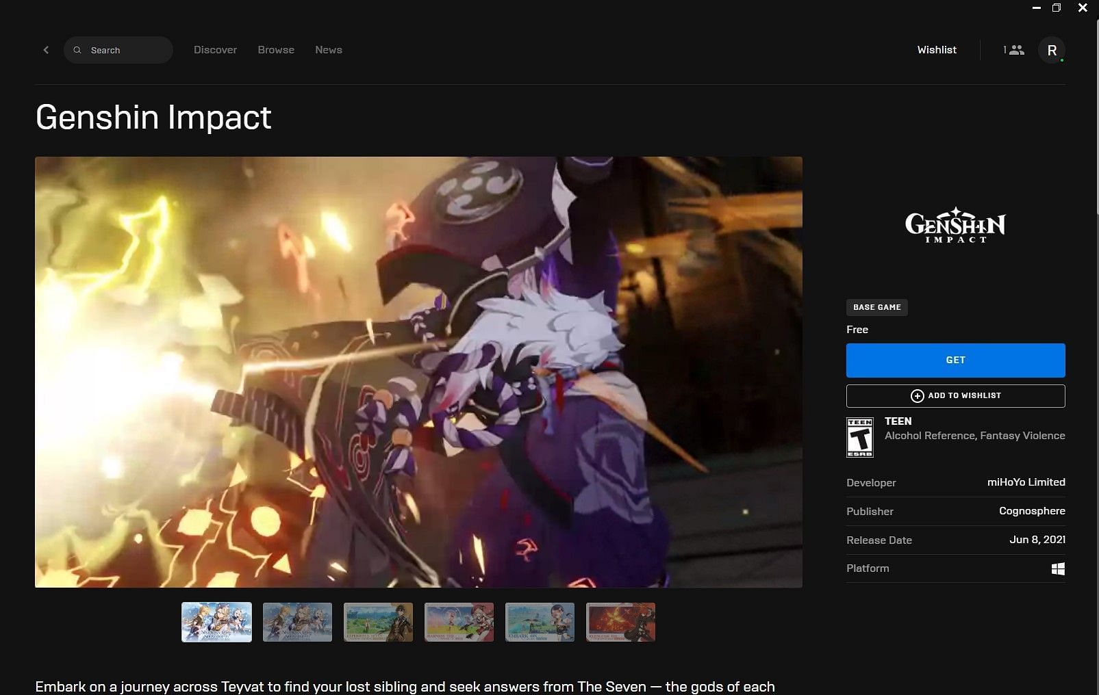 The store page for Genshin Impact (Image via Epic Games)