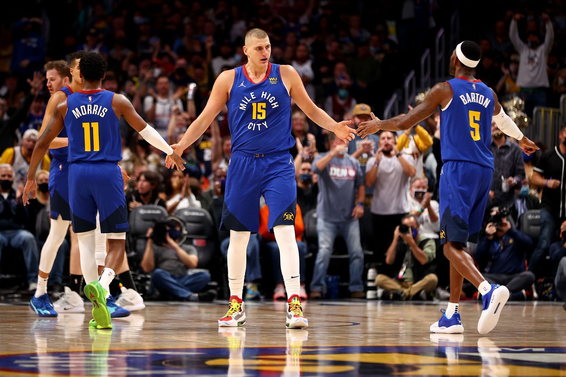 Nikola Jokic #15 of the Denver Nuggets celebrates after a basket against the San Antonio Spurs