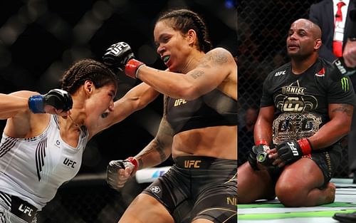 Julianna Pena (left), Amanda Nunes (center) & Daniel Cormier (right)