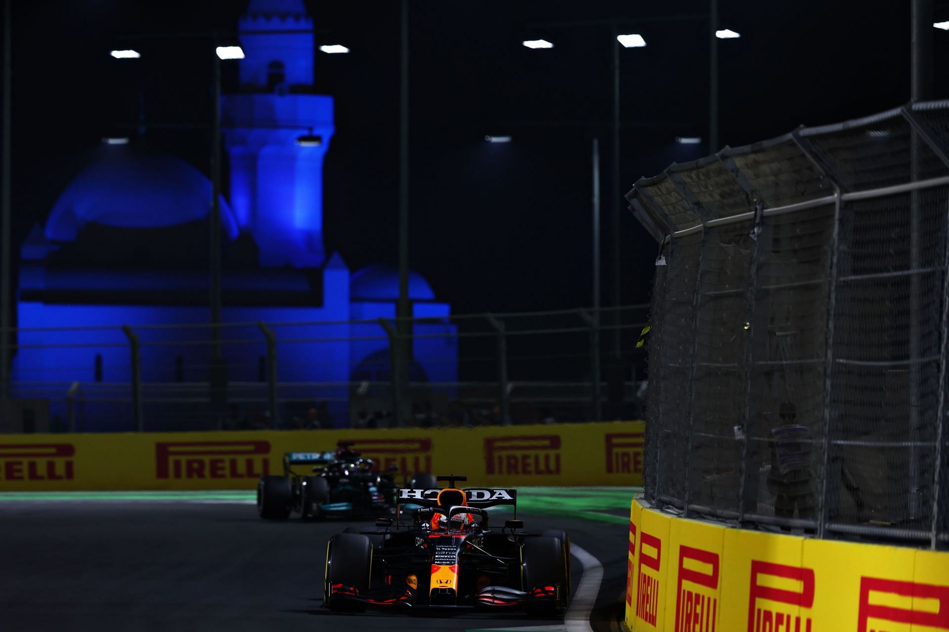 F1 Grand Prix of Saudi Arabia - Max Verstappen leads Lewis Hamilton before giving up the track position.