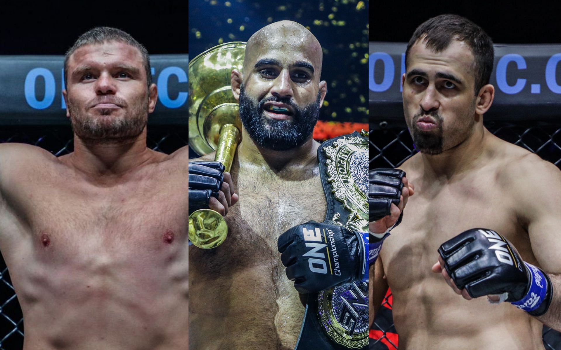 Anatoly Malykhin (left) will be fighting Kirill Grishenko (right) for the interim title after Arjan Bhullar (center) refuses to defend the heavyweight belt | Photo: ONE Championship