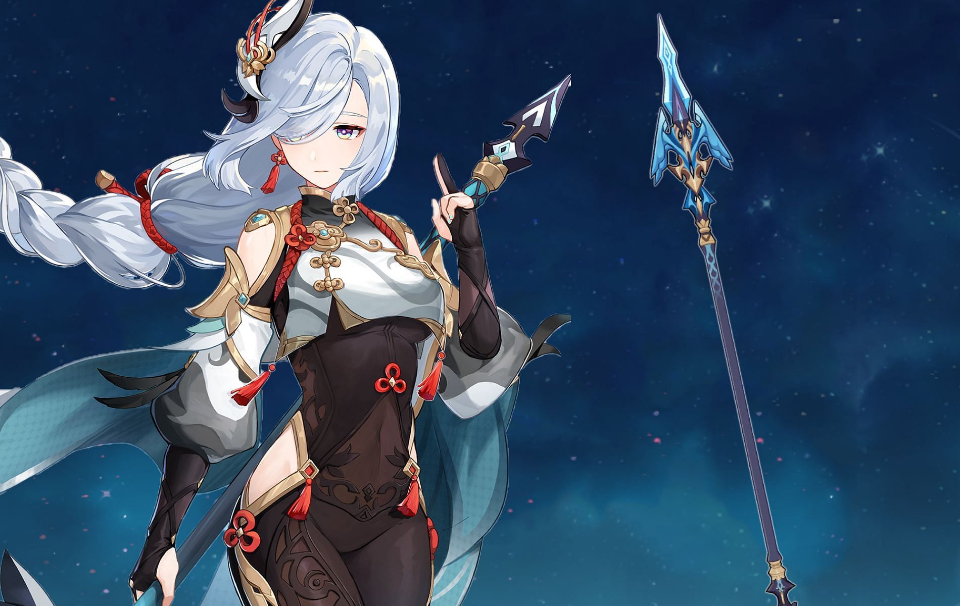 Shenhe even holds the Polearm in her official artwork (Image via Genshin Impact)
