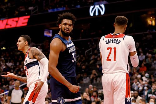 Karl-Anthony Towns #32 of the Minnesota Timberwolves reacts after scoring.