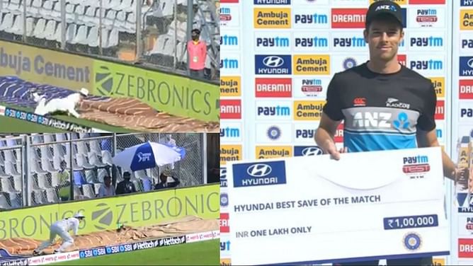 [Watch] How substitute fielder Mitchell Santner won INR 1,00,000 for saving a 6 in India vs New Zealand 2021 Mumbai Test