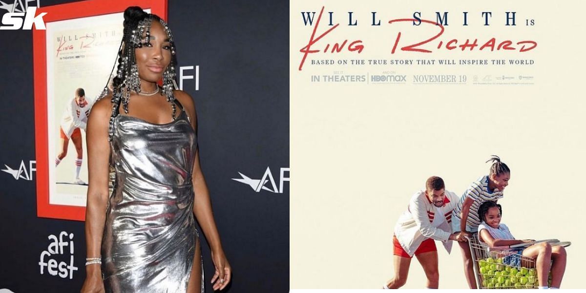 Venus Williams at the King Richard premiere; a poster of the film.