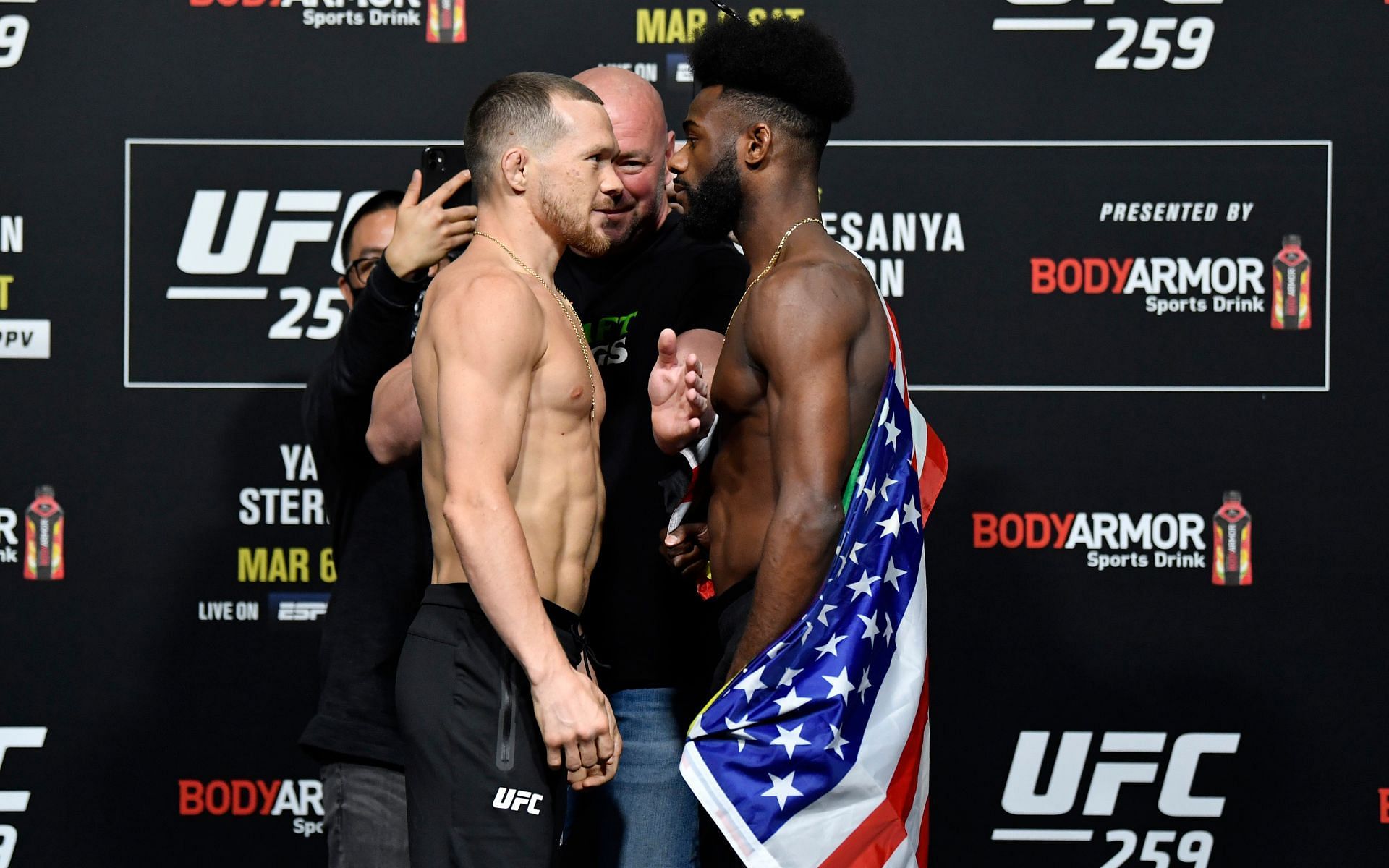 Bantamweight rivals Petr Yan (left) and Aljamain Sterling (right) at the UFC 259 weigh-in and face-off