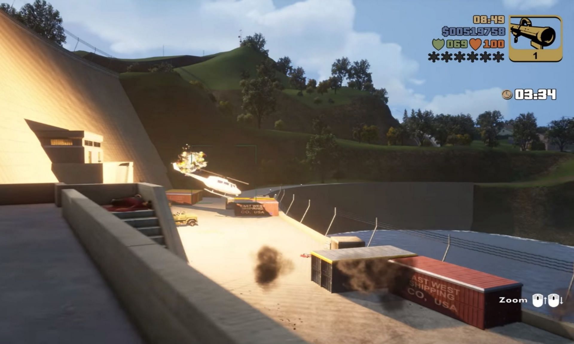 Notice how the helicopter will move in a straight line from this position (Image via Rockstar Games)