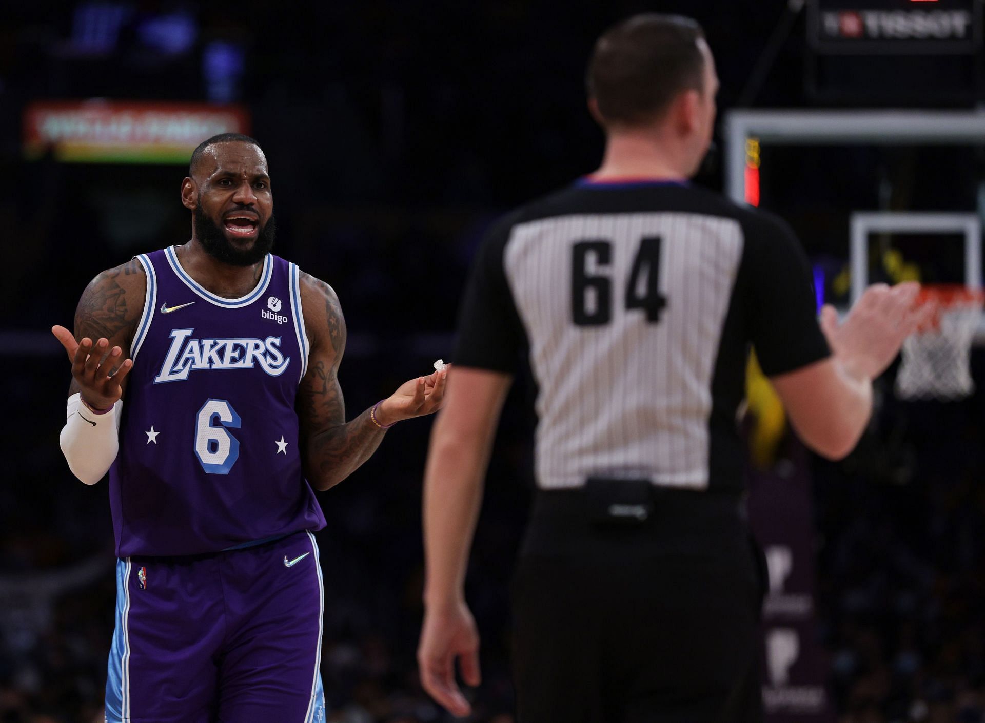 LeBron James reacts to a foul call during the San Antonio Spurs v Los Angeles Lakers game