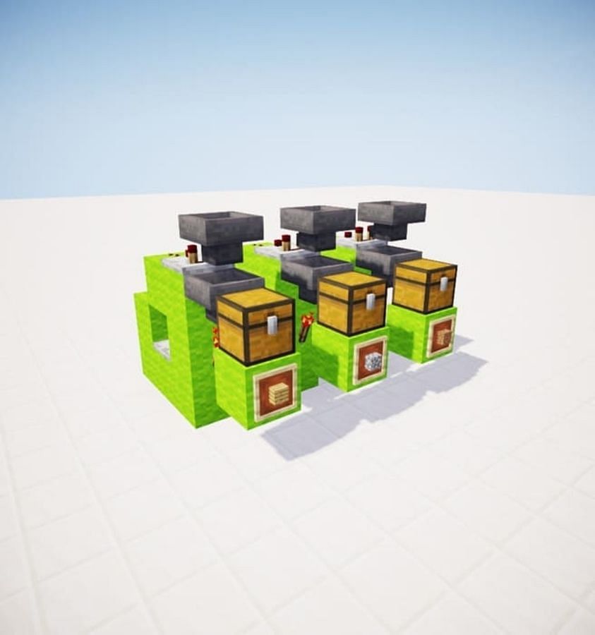 Toss your items in the hoppers and watch as an auto sorter places the right items in the right chests (Image via Mojang)