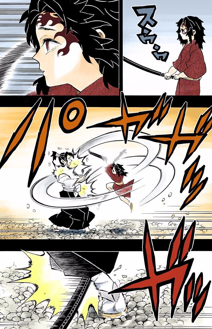 A young Yoriichi handles a sword for the first time, easily beating a trained master. (Image via Shueisha Shonen Jump)