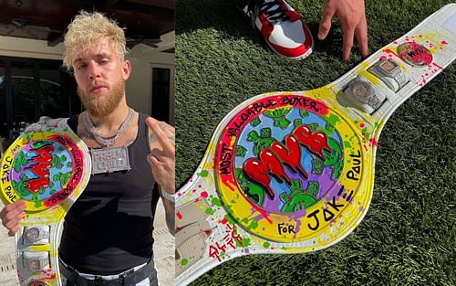 Jake Paul with his 'MVB' belt designed by Alec Monopoly [Credits: @MichaelBensonn via Twitter]