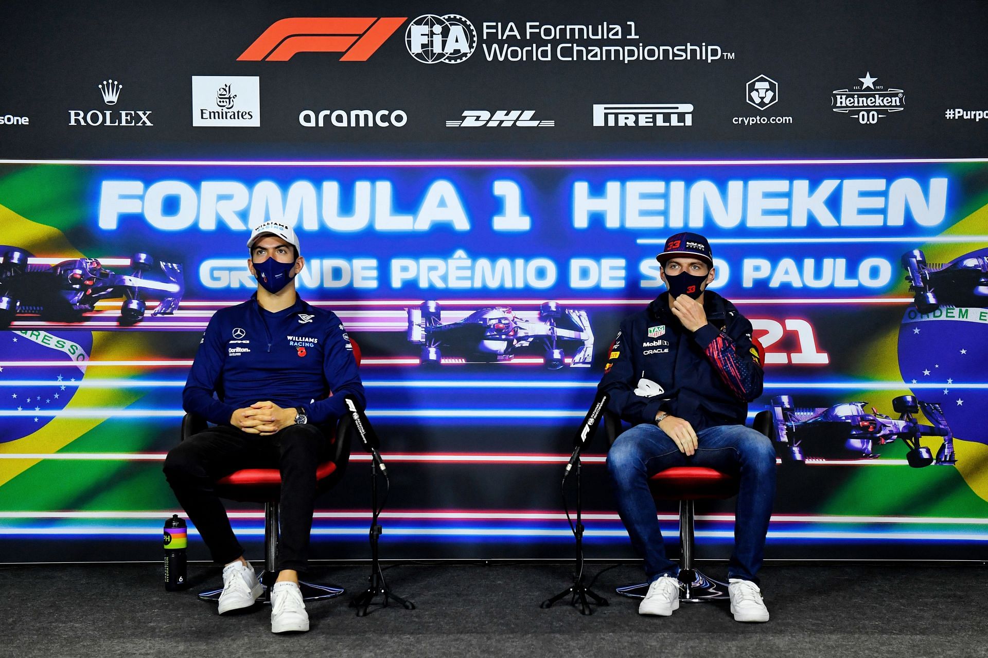 Nicholas Latifi and Max Verstappen in a drivers&#039; press conference. (Photo by Rudy Carezzevoli - Pool/Getty Images)