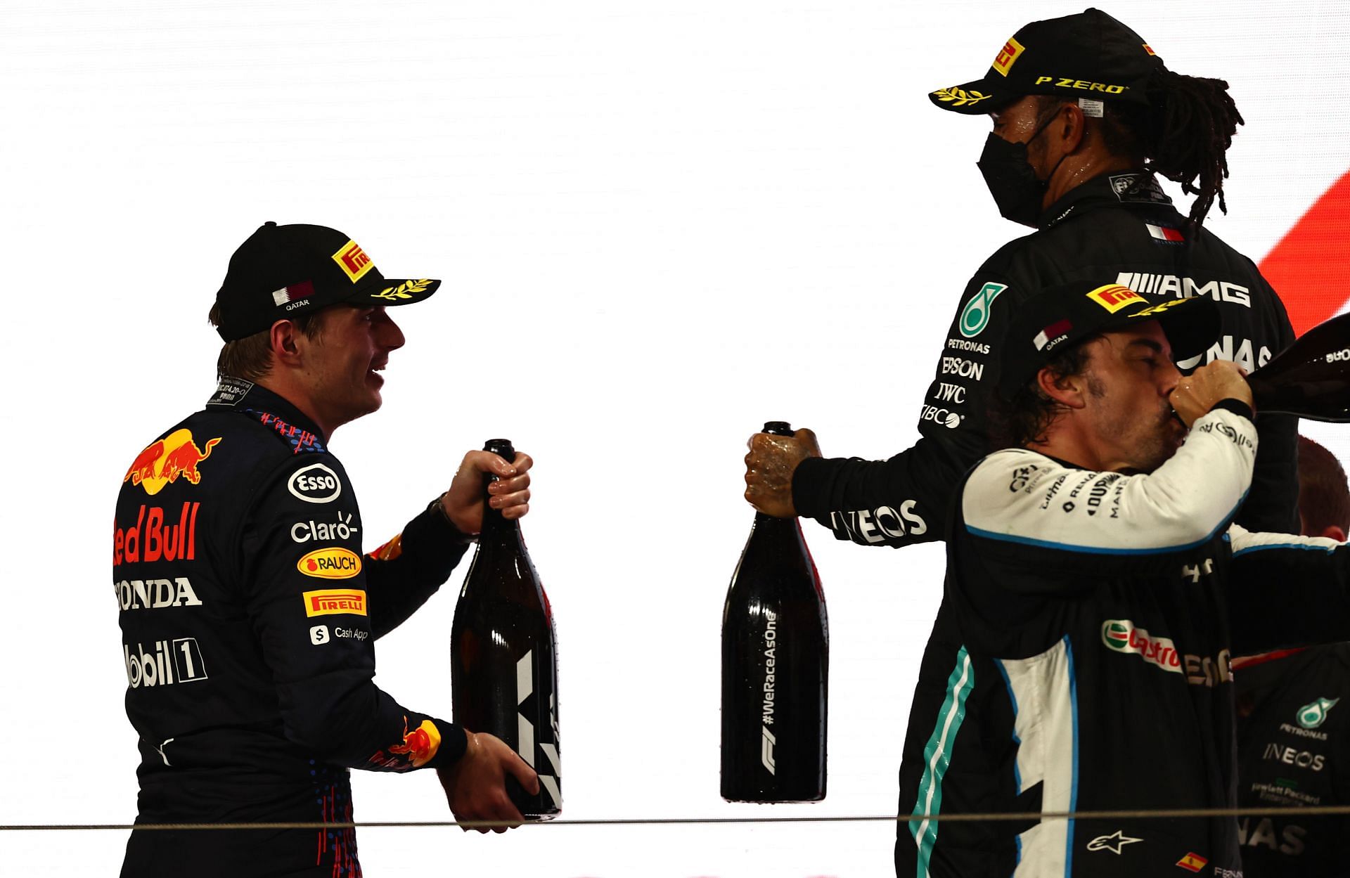 Lewis Hamilton and Max Verstappen celebrate on the podium. (Photo by Mark Thompson/Getty Images)