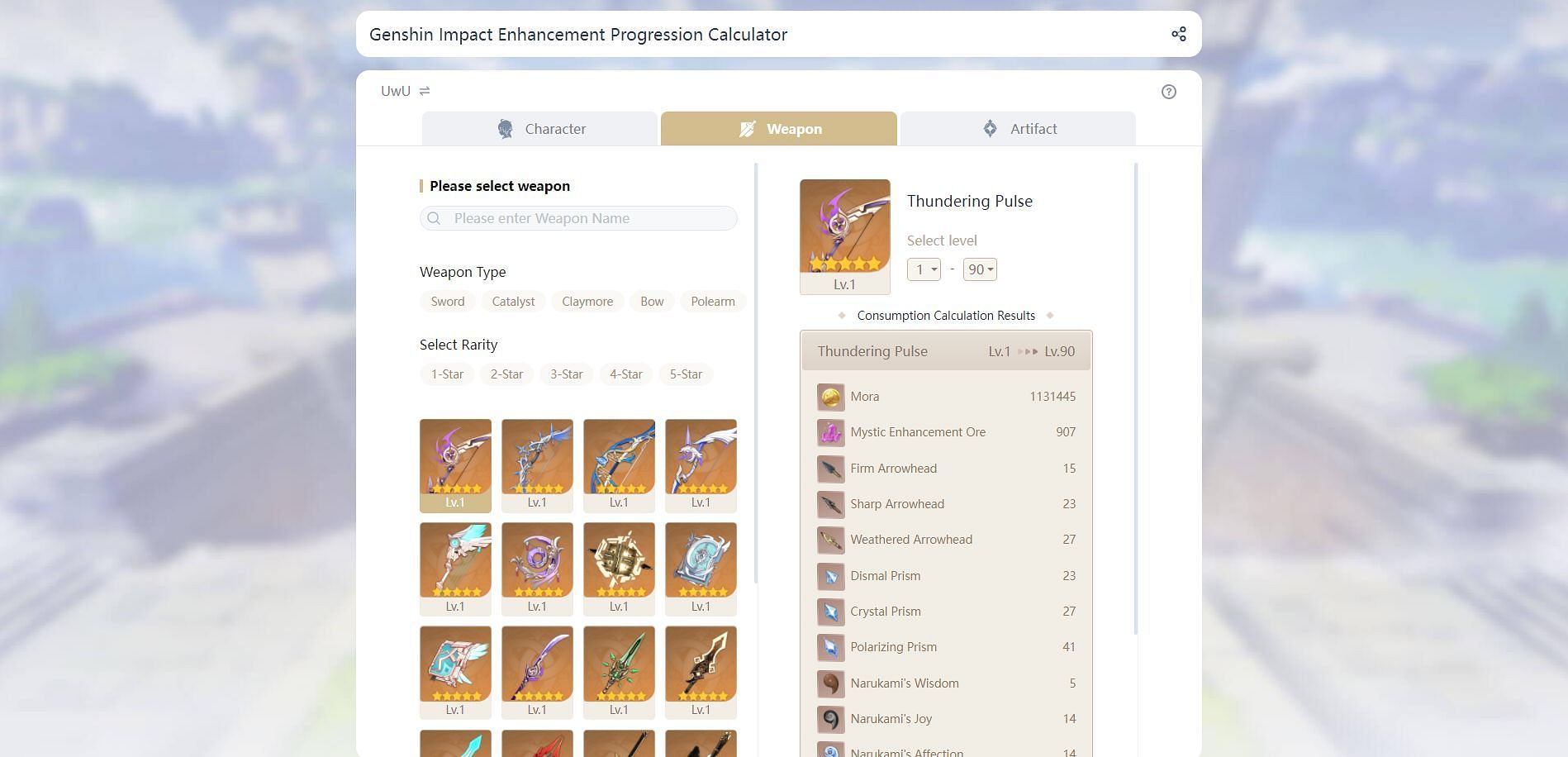 First look of Weapon section in Enhancement Progression Calculator (Image via Genshin Impact)