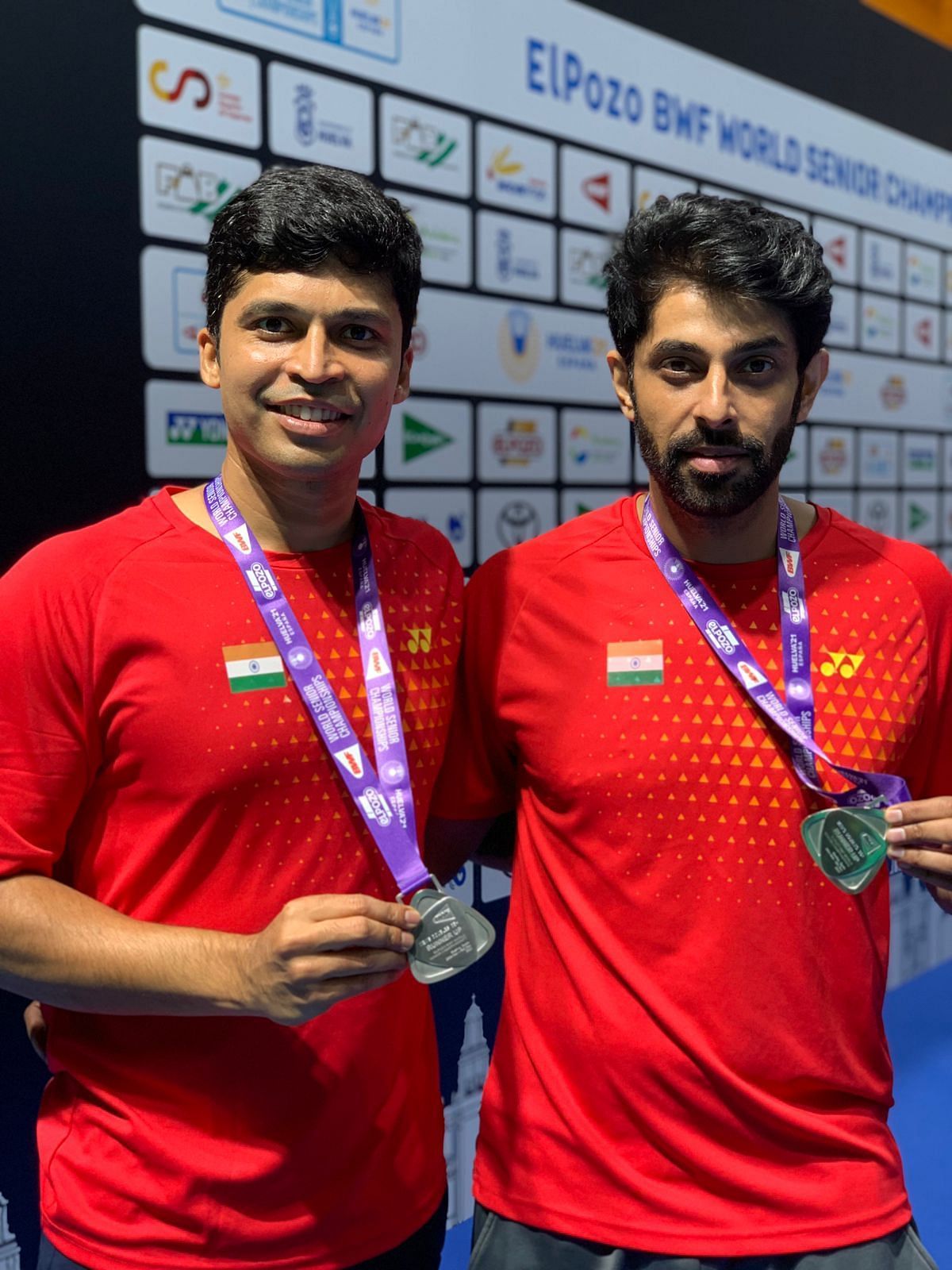 Padmanabha Raghavan (L) and Varun Sharma won silver medal in the men&#039;s 35 plus doubles