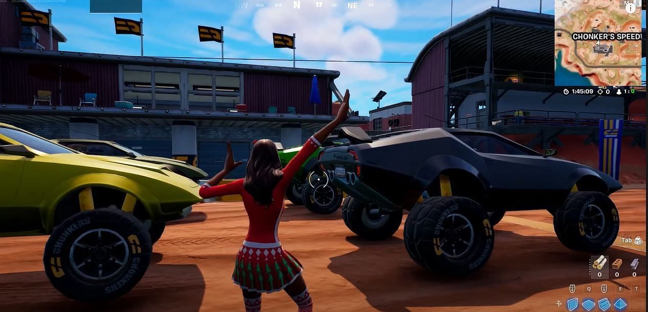 Dance at Chonker&#039;s Speedway, Rocky Reels, and Greasy Grove to complete the Fortnite Chapter 3 Season 1 week 4 challenges(Screengrab via YouTube/ Victrail)