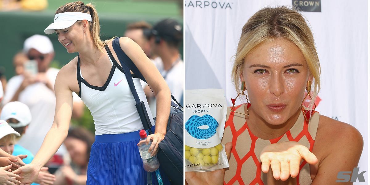 Maria Sharapova at a tennis tournament (l) and at the launch of Sugarpova (r)