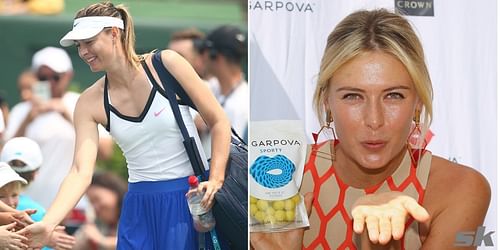 Maria Sharapova at a tennis tournament (l) and at the launch of Sugarpova (r)