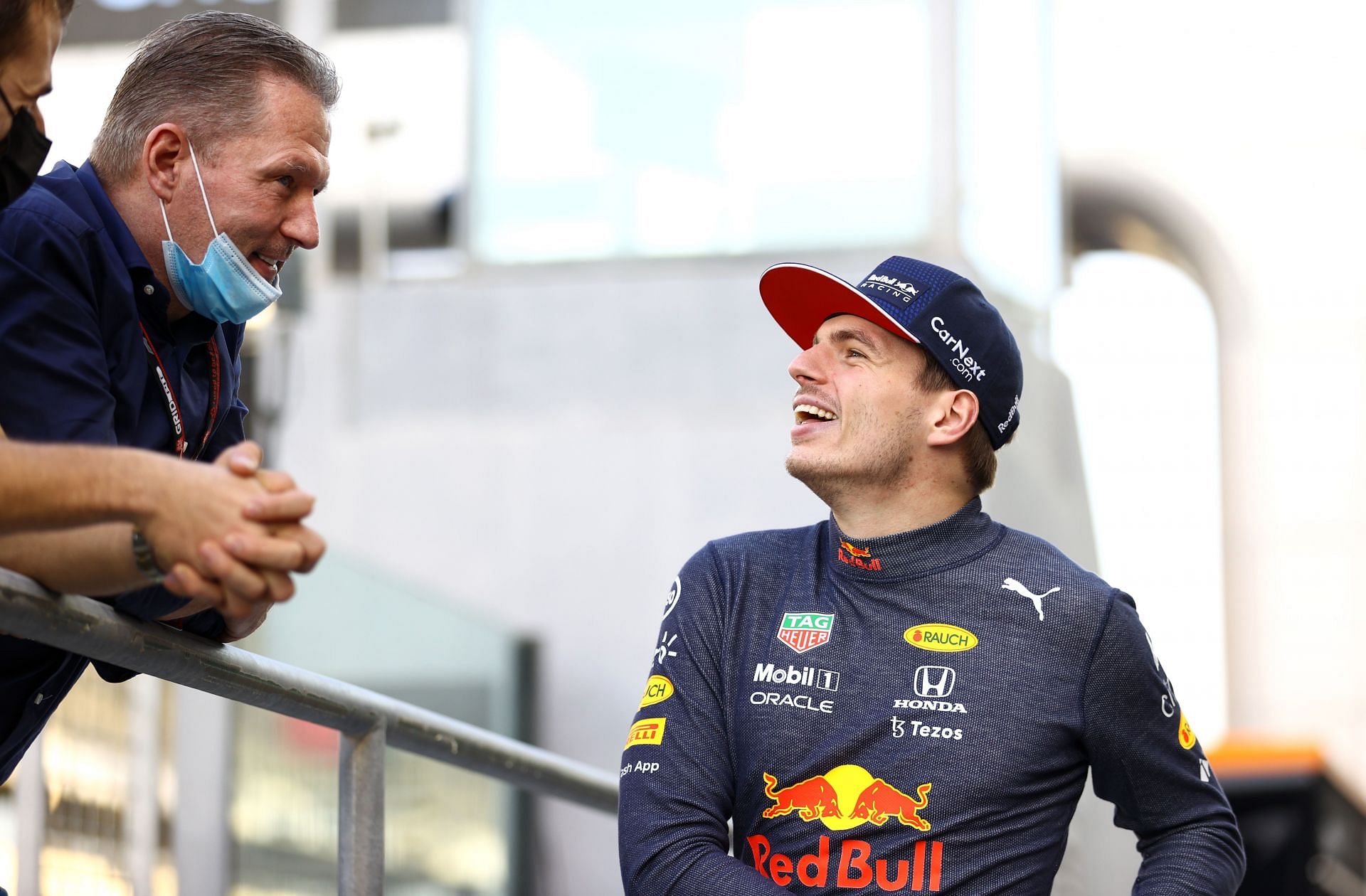 Max Verstappen talks with his father Jos Verstappen in the Pitlane during previews ahead of the 2021 Abu Dhabi GP. (Photo by Bryn Lennon/Getty Images)