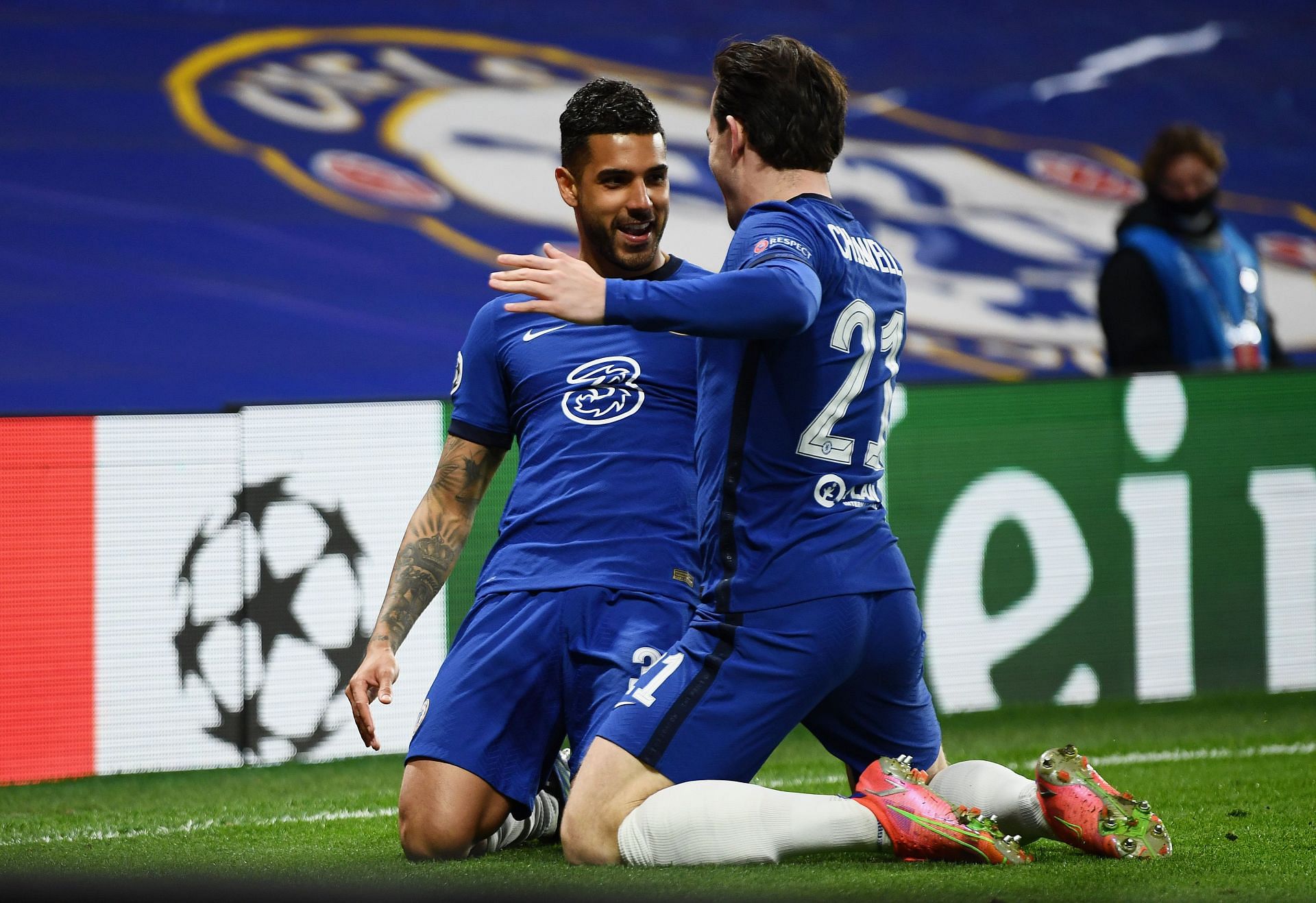 Emerson Palmieri celebrates with Ben Chilwell after scoring against Atletico Madrid in the Champions League
