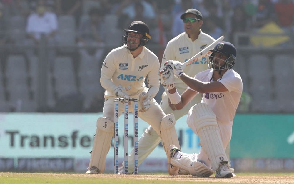 Axar Patel scored a belligerent unbeaten 41 in India&#039;s second innings of the Mumbai Test [P/C: BCCI]
