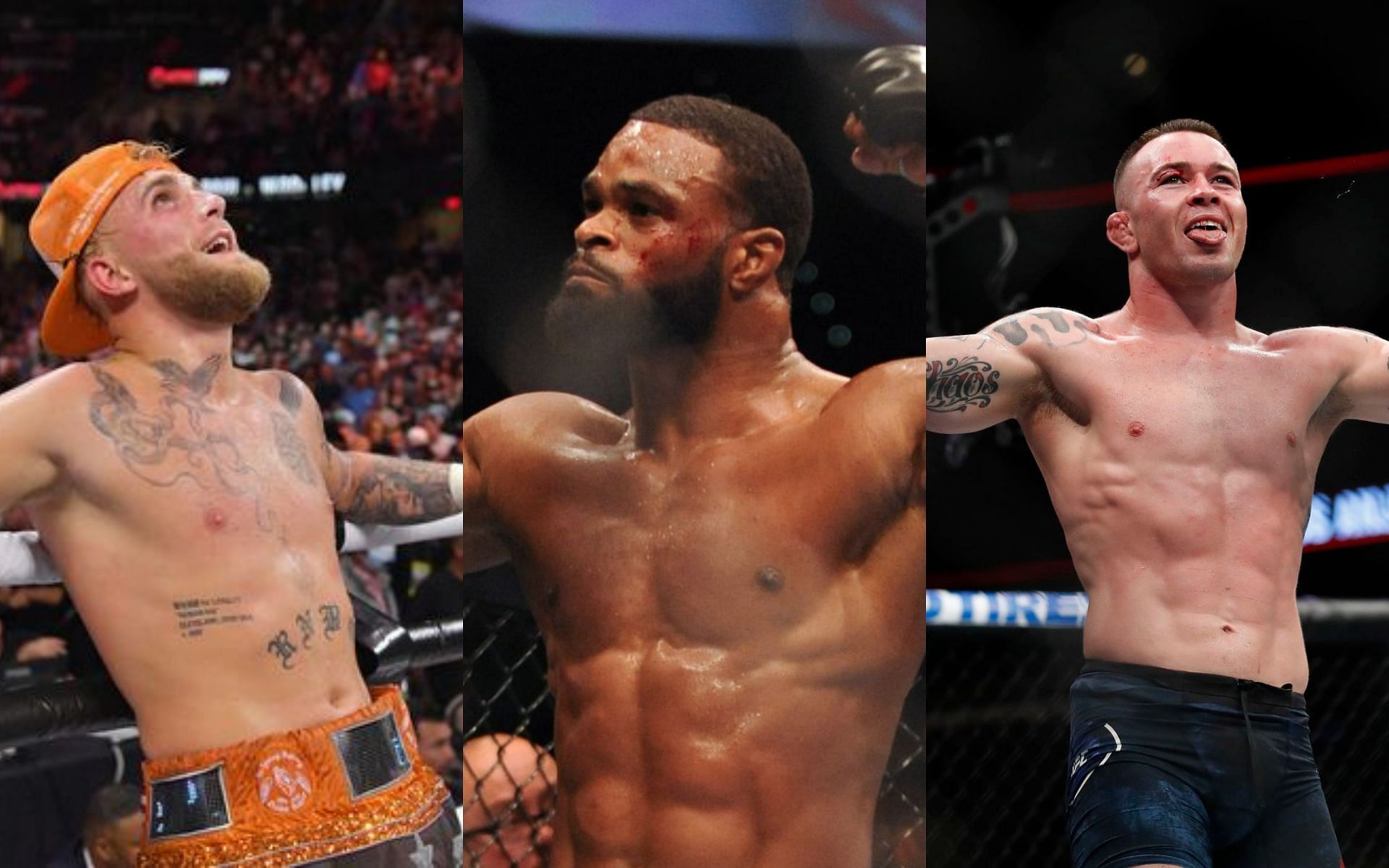 Jake Paul (L), Tyron Woodley (C), Colby Covington (R), PC: UFC, Showtime