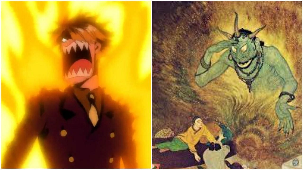 Sanji as seen in the One Piece anime and a classical depiction of an ifrit. (Image via Sportskeeda)