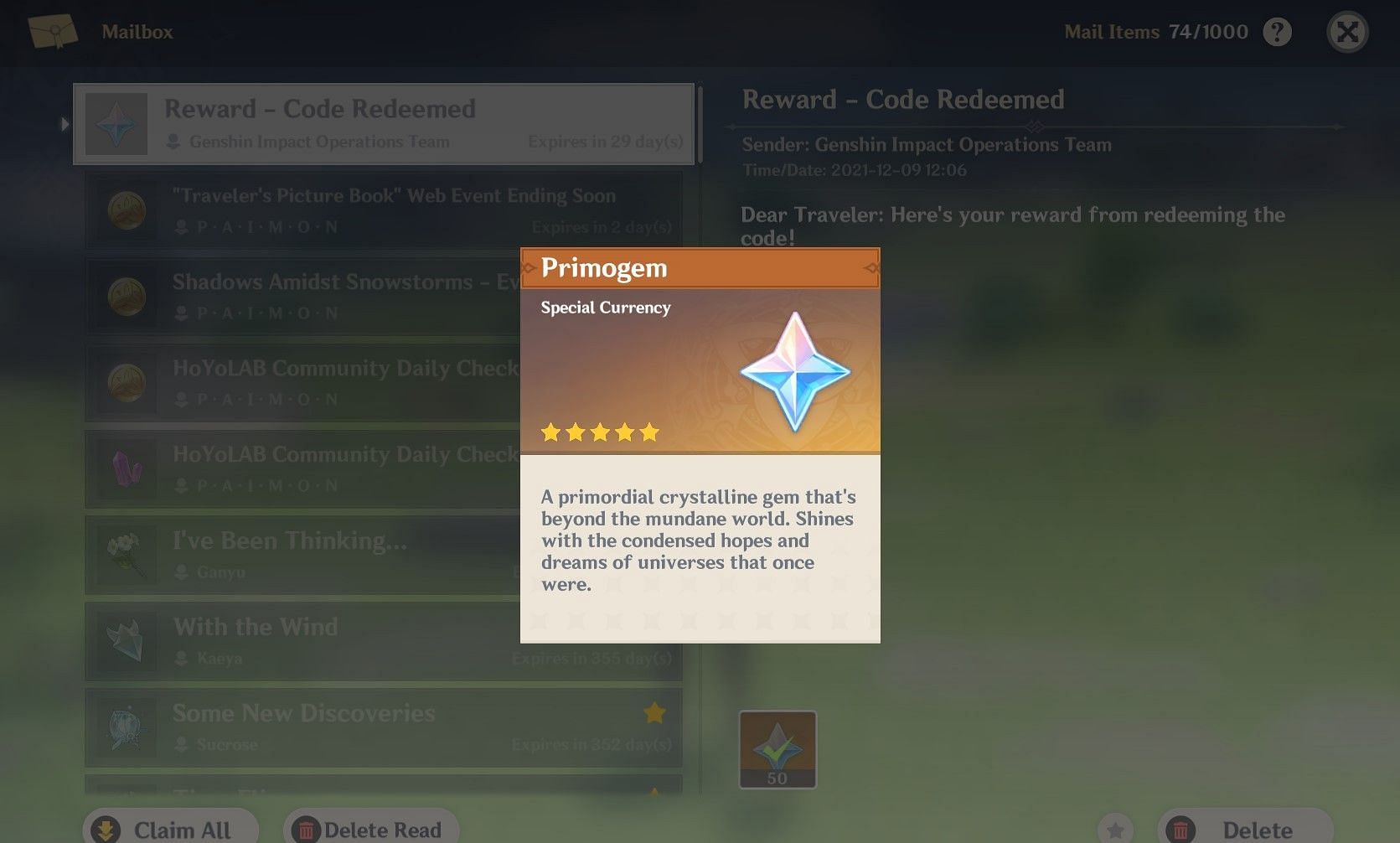 An example of the mail that contains the 50 Primogems (Image via Genshin Impact)