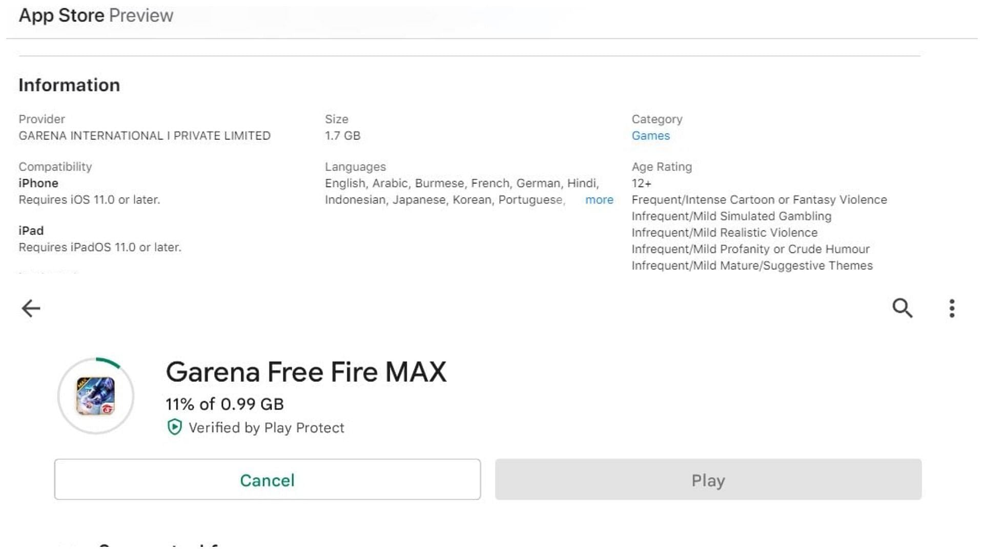 Download size - Free Fire MAX (Image via App Store/Google Play)