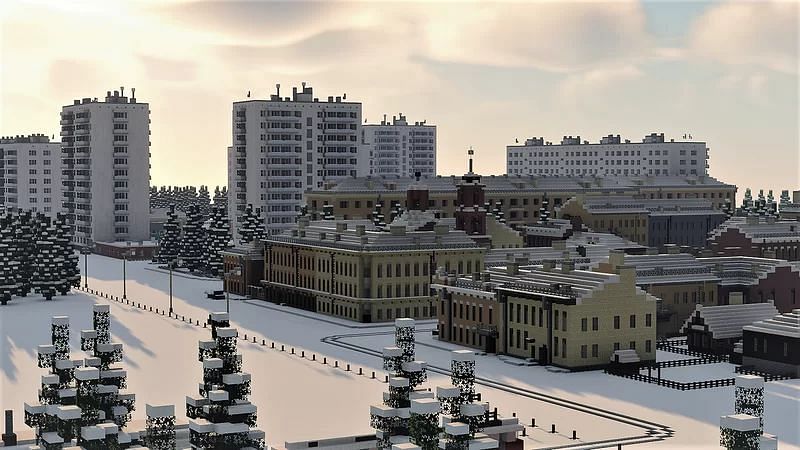A faithful recreation of 1960s Soviet-era Russian cities (Image via Mojang)