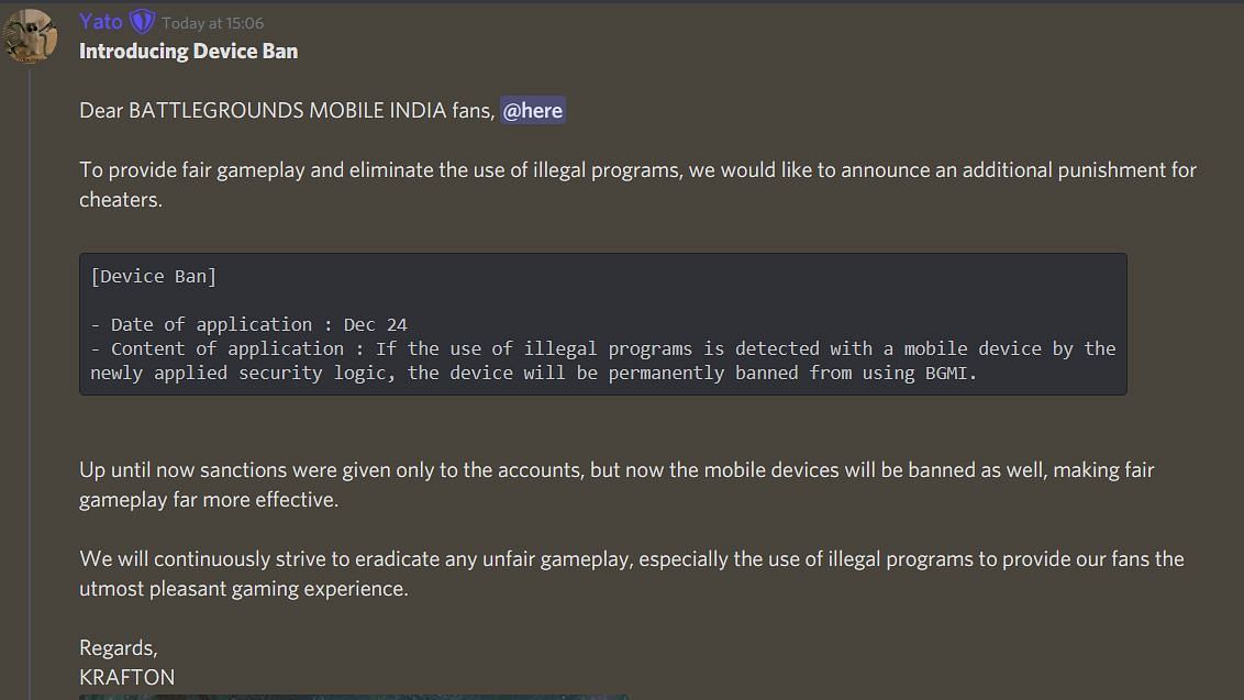 Snippet showing Krafton introducing device ban (Image via Discord)