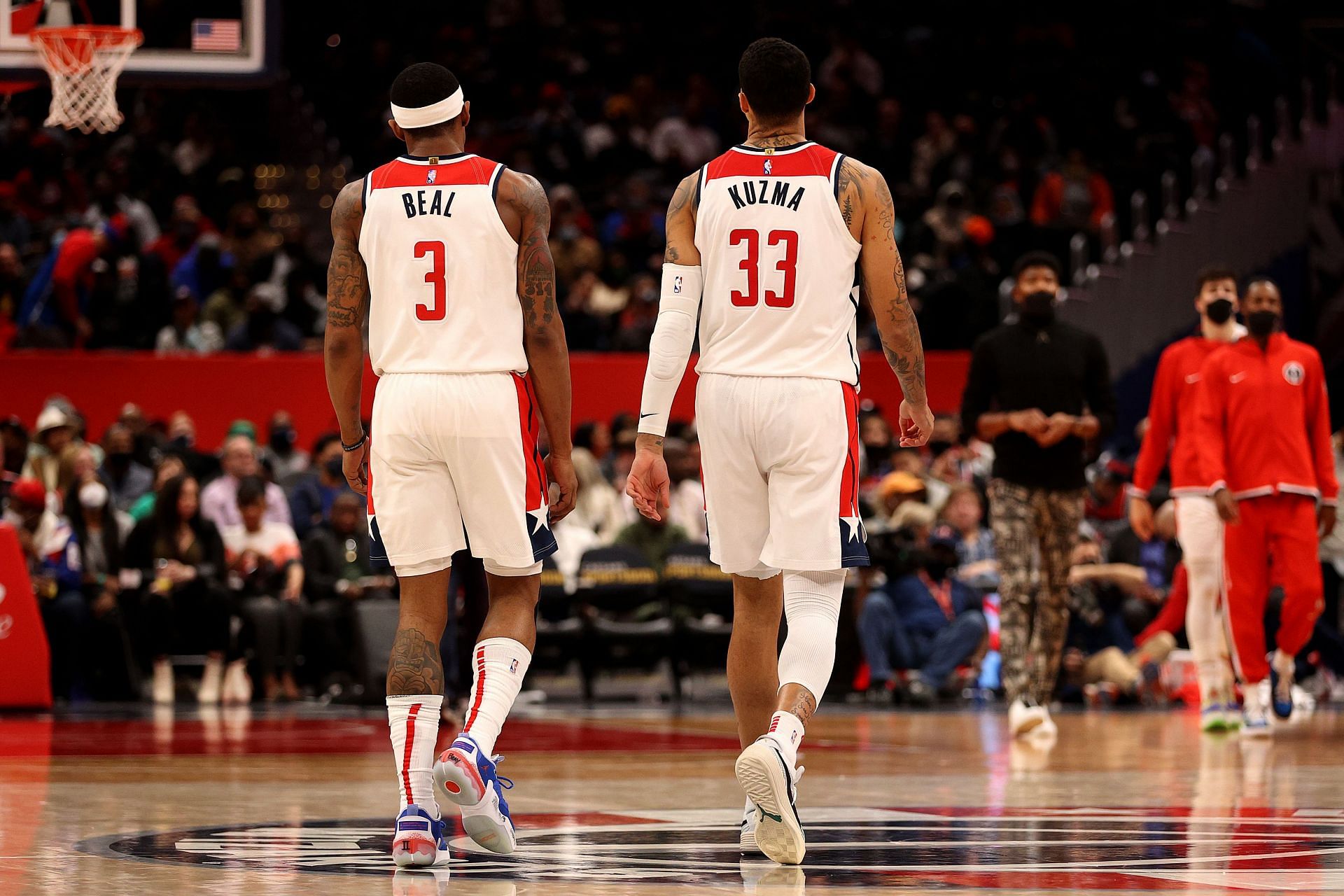 Bradley Beal (#3) and Kyle Kuzma (#33) of the Washington Wizards