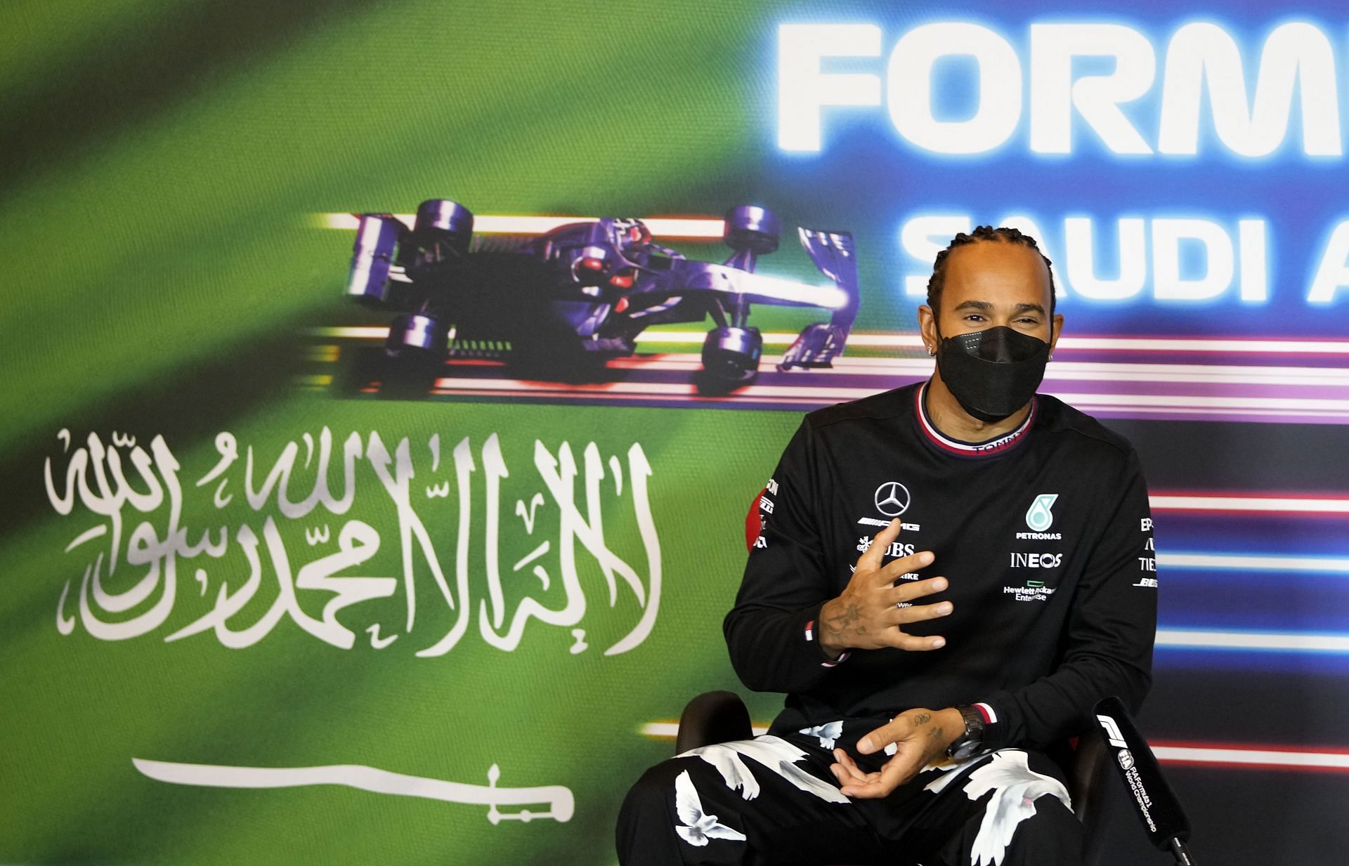 Lewis Hamilton talks in the Drivers Press Conference during previews ahead of the 2021 Saudi Arabia GP. (Photo by Hassan Ammar - Pool/Getty Images)