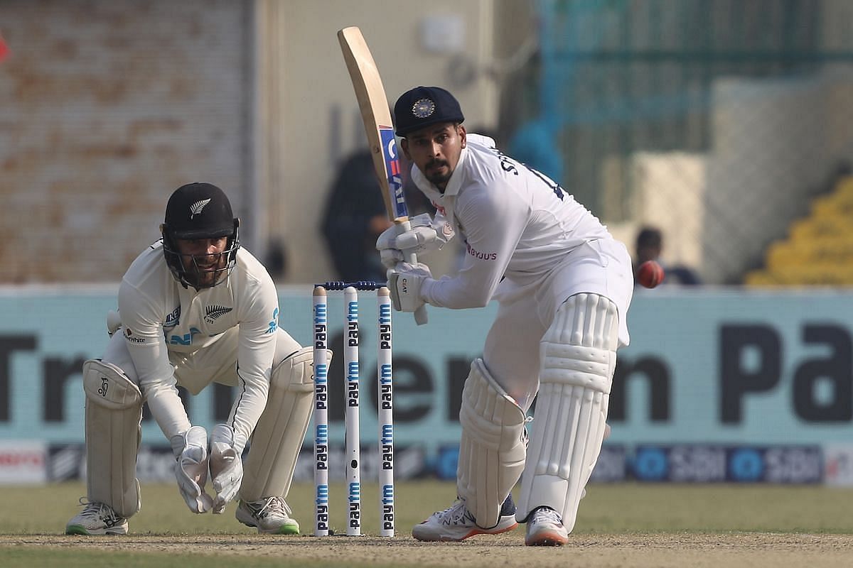 Shreyas Iyer batting during his debut Test in Kanpur. Pic: BCCI