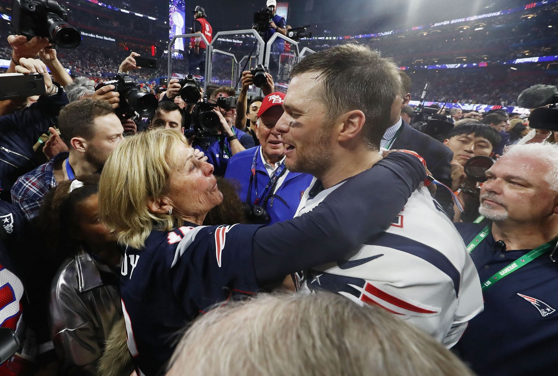 Tom Brady celebrates winning the Super Bowl with his mother