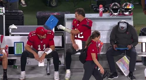 Buccaneers QB Tom Brady throws his tablet during Sunday night's game at Raymond James Stadium.